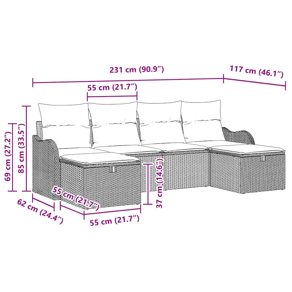 Conjunto de Sofá de Jardim com almofada 6 pcs Bege vime PE