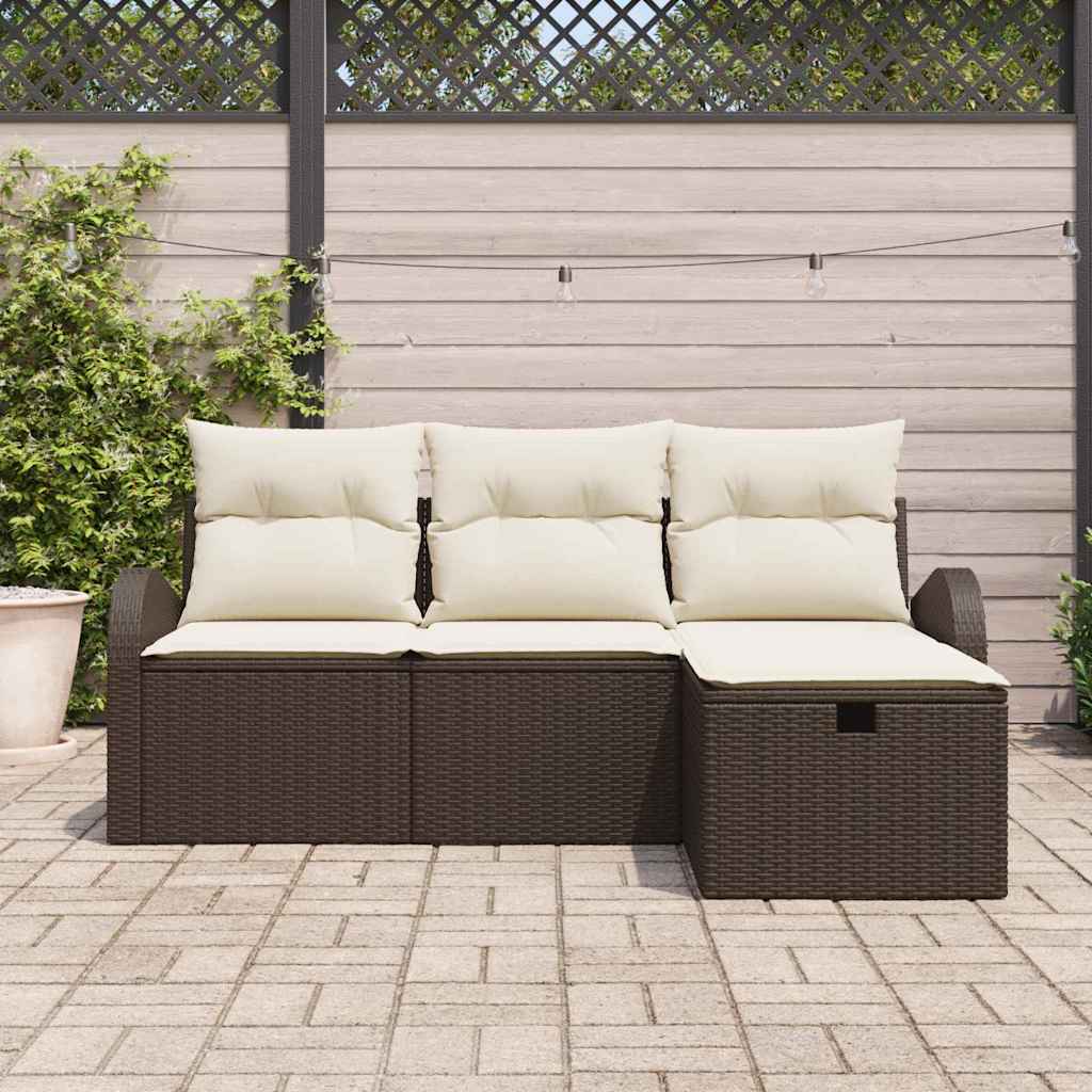 Conjunto de Sofá de Jardim com almofada 4 pcs Castanho vime PE