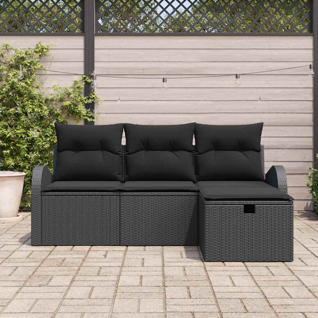 Conjunto de Sofá de Jardim com almofada 4 pcs Preto vime PE