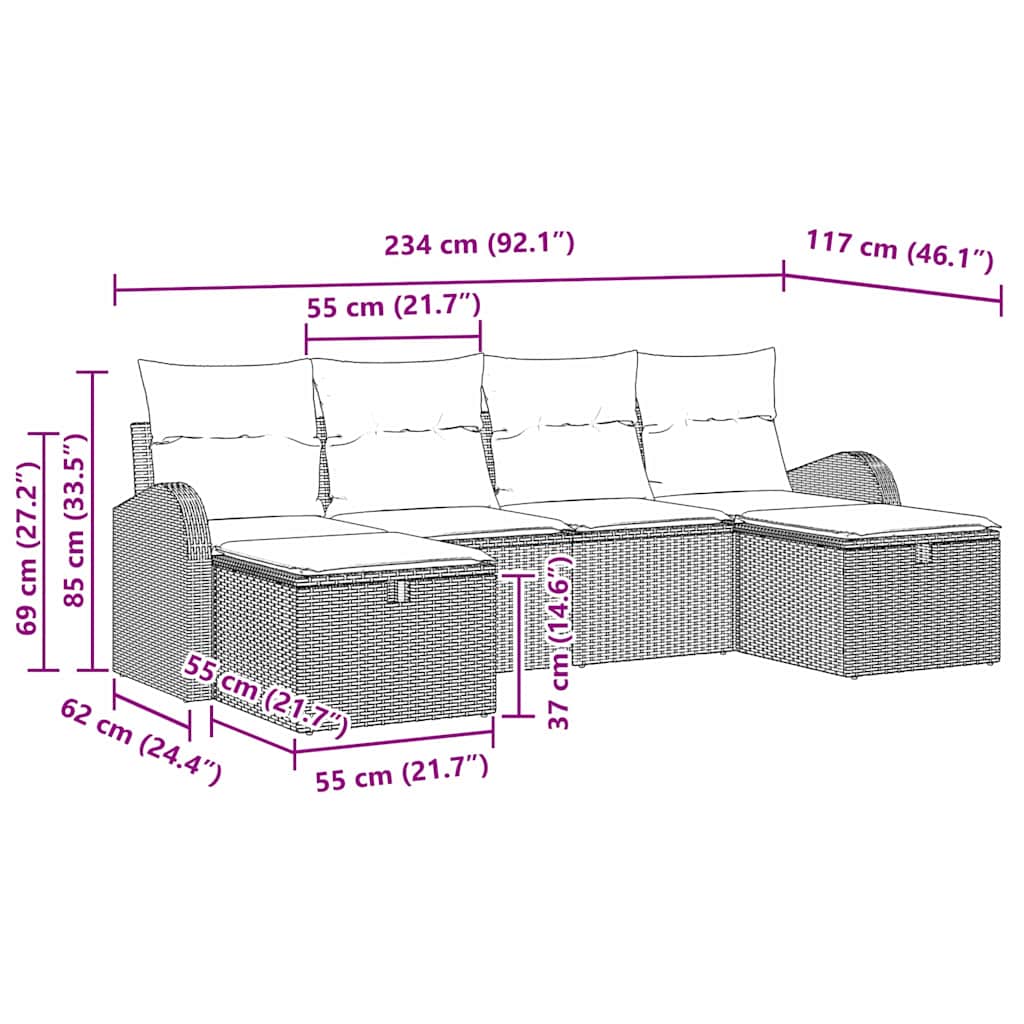 Conjunto de Sofá de Jardim com almofada 6 pcs Castanho vime PE