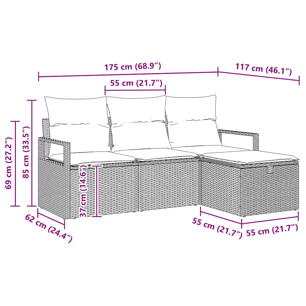 Conjunto de Sofá de Jardim 4 pcs Cinzeto Rattan Sintético