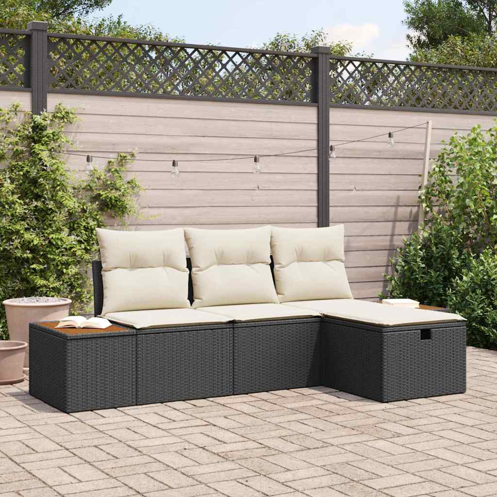 Conjunto de Sofá de Jardim com almofada 4 pcs Preto vime PE
