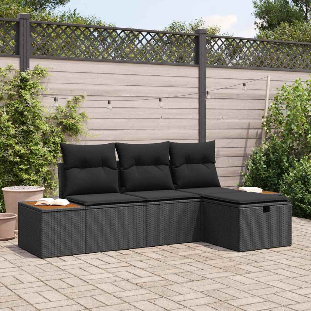Conjunto de Sofá de Jardim com almofada 4 pcs Preto vime PE
