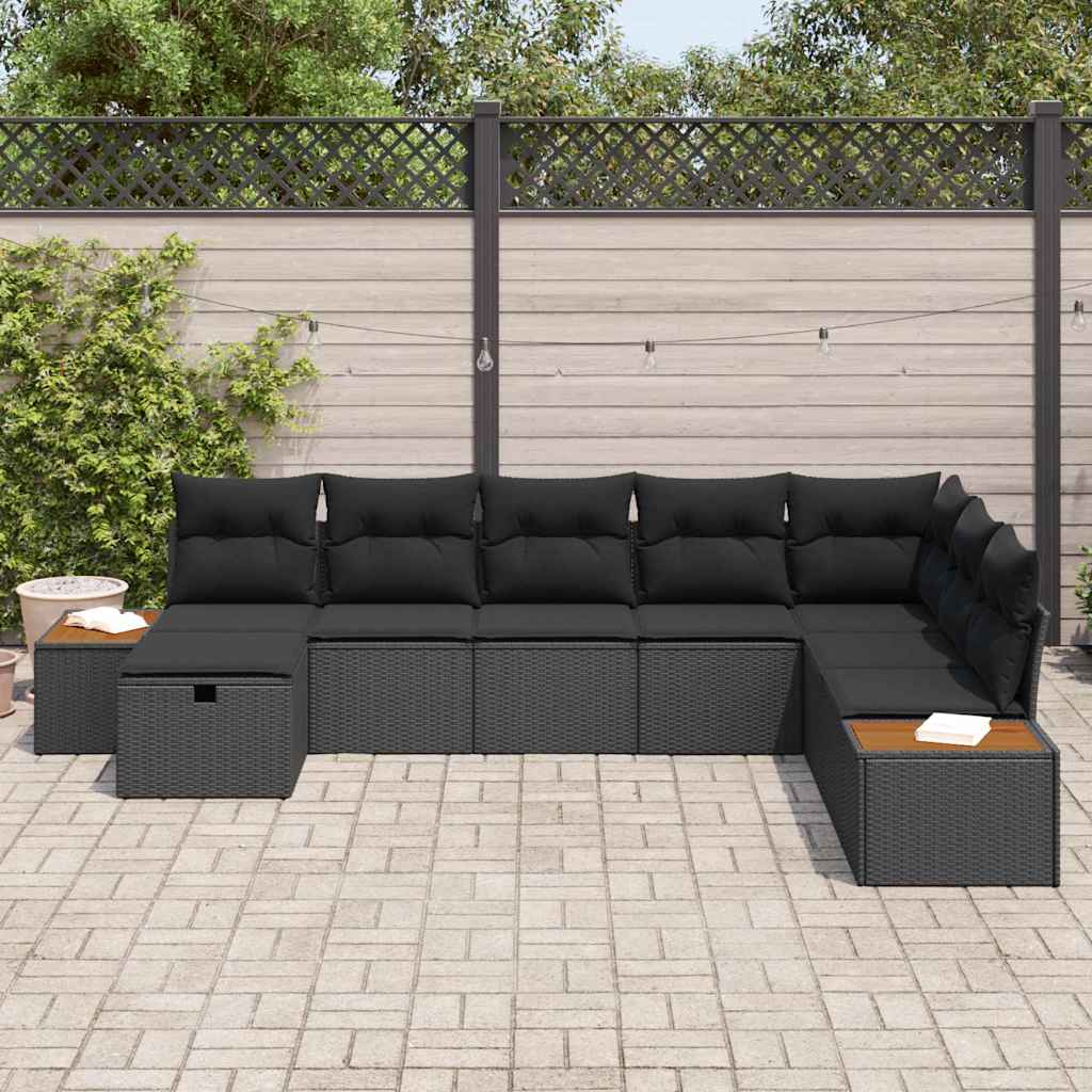 Conjunto de Sofá de Jardim com almofada 8 pcs Preto vime PE
