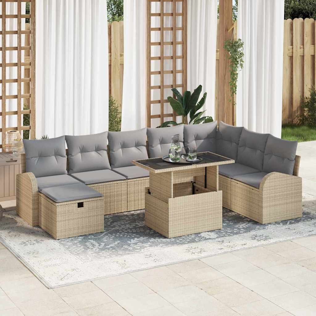 Conjunto de Sofá de Jardim 9 pcs Bege Rattan Sintético