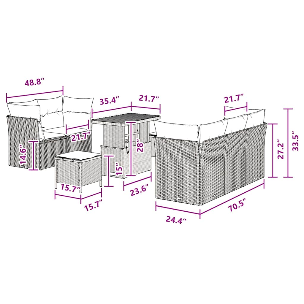 Conjunto de Sofá de Jardim com almofada 8 pcs Preto vime PE