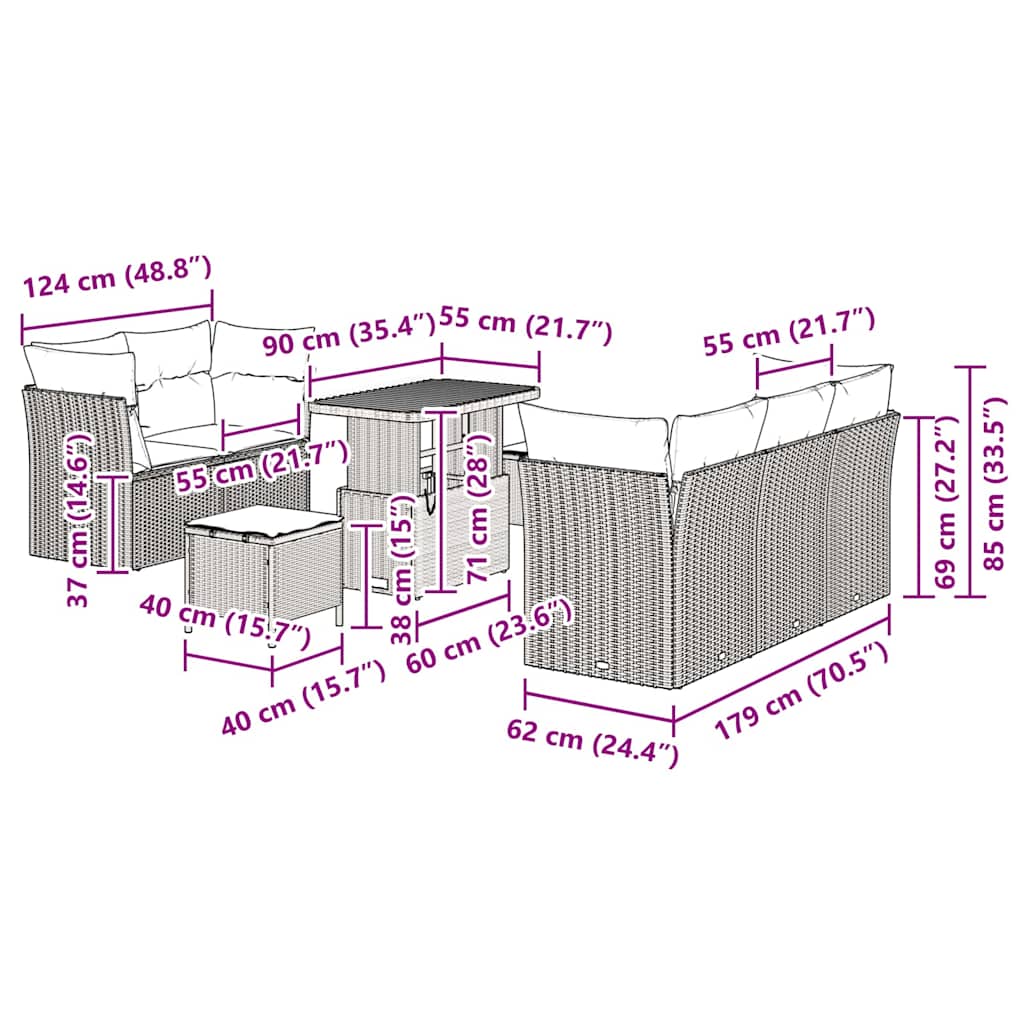 Conjunto de Sofá de Jardim com almofada 8 pcs Bege vime PE