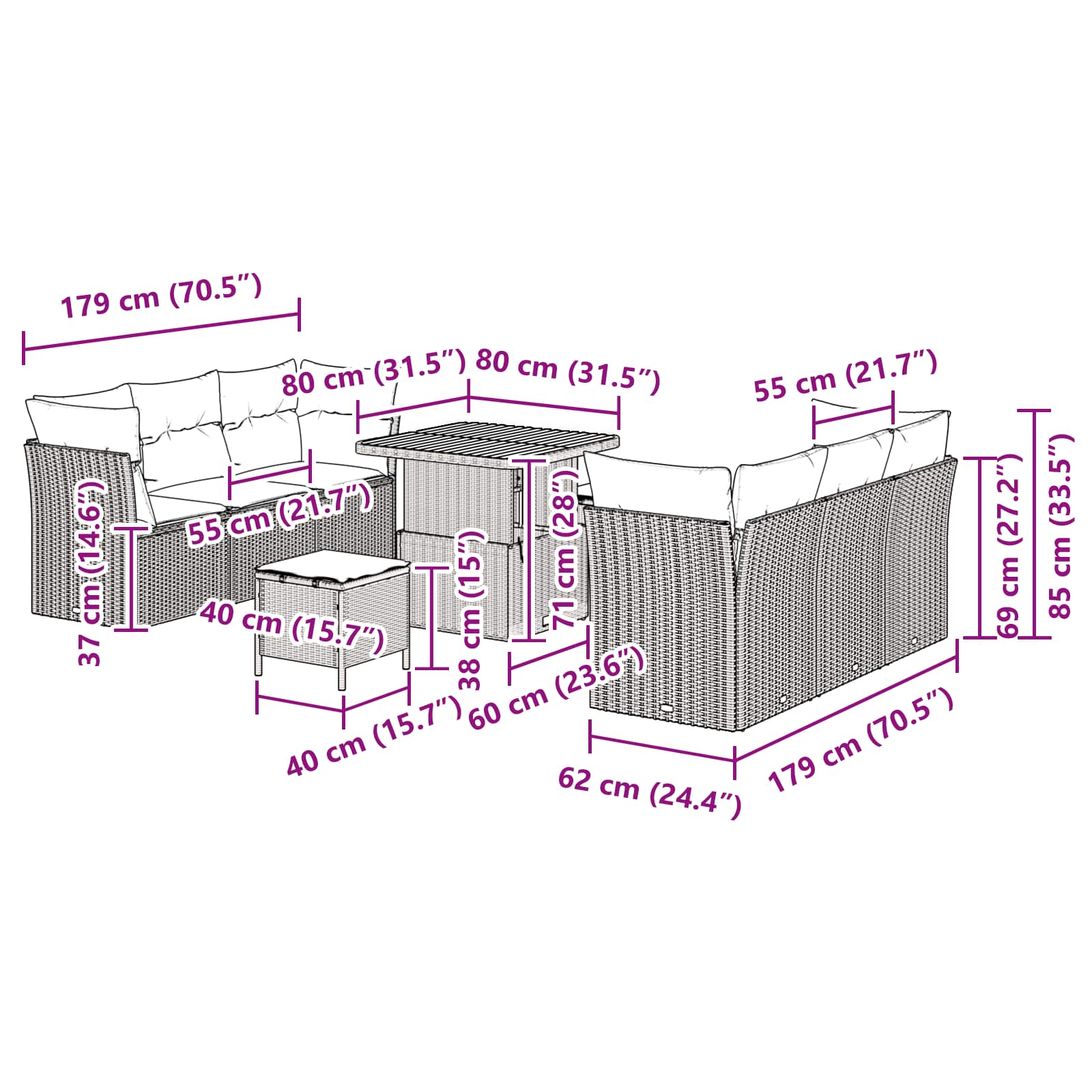 Conjunto de Sofá de Jardim 9 pcs Preto vime PE