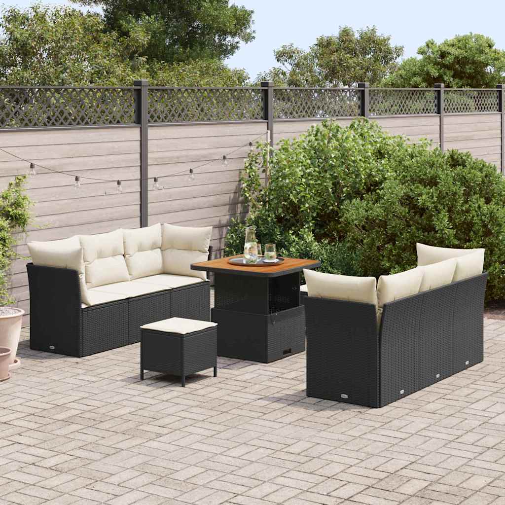 Conjunto de Sofá de Jardim com almofada 9 pcs Preto vime PE