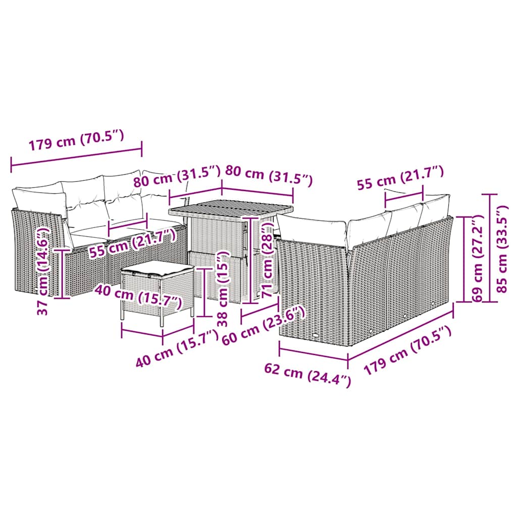 Conjunto de Sofá de Jardim com almofada 9 pcs Bege vime PE