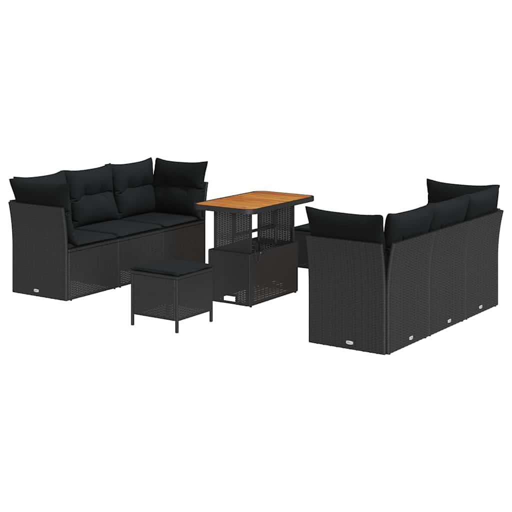 Conjunto de Sofá de Jardim com almofada 9 pcs Preto vime PE