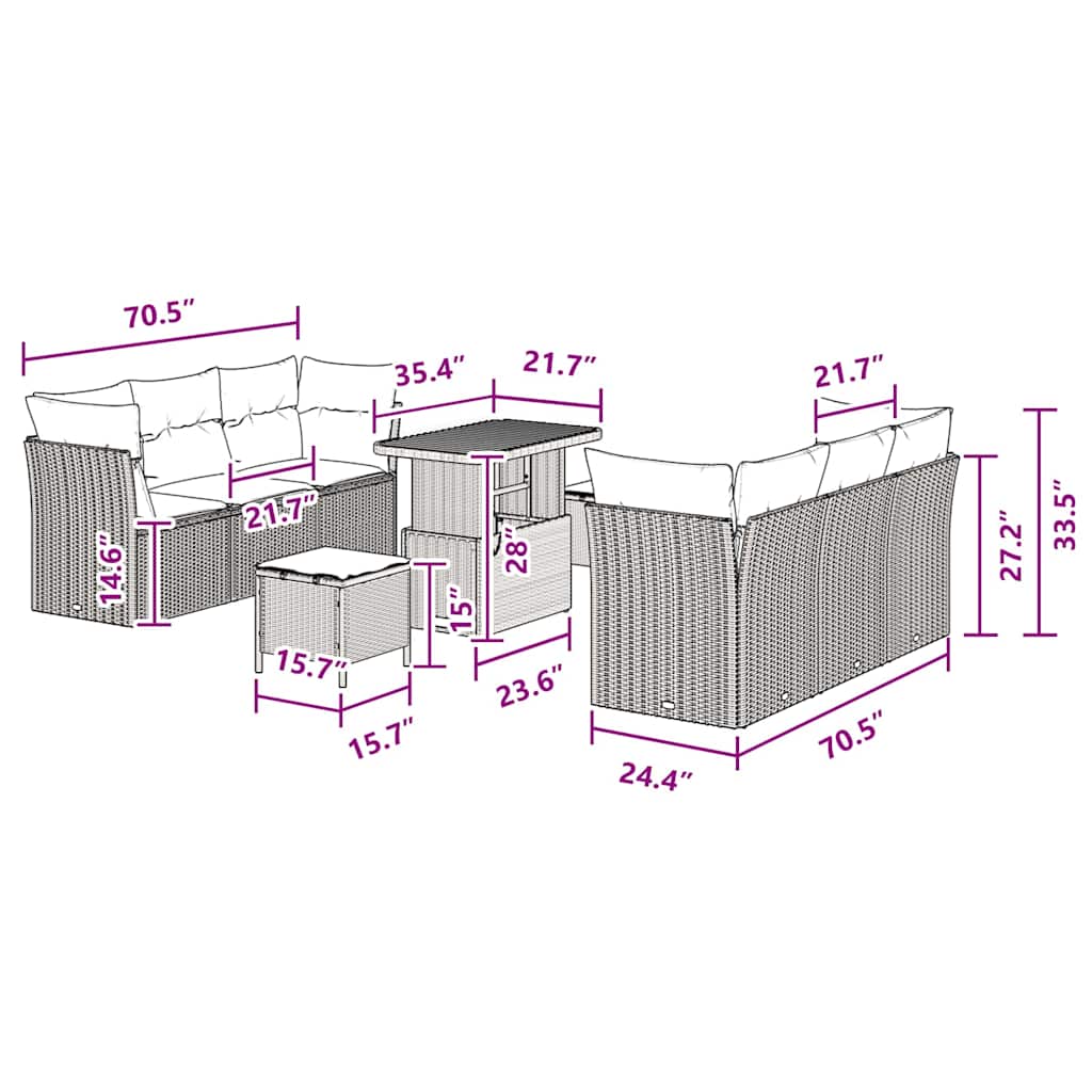 Conjunto de Sofá de Jardim com almofada 9 pcs Preto vime PE