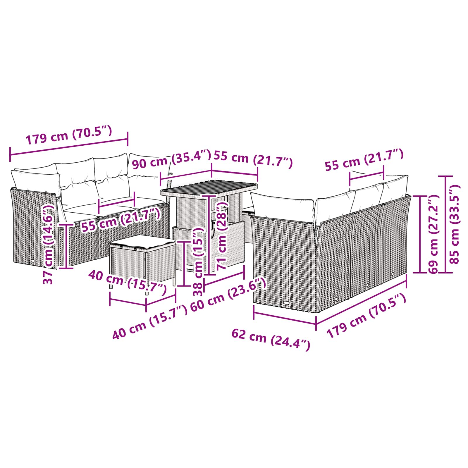 Conjunto de Sofá de Jardim com almofada 9 pcs Preto vime PE