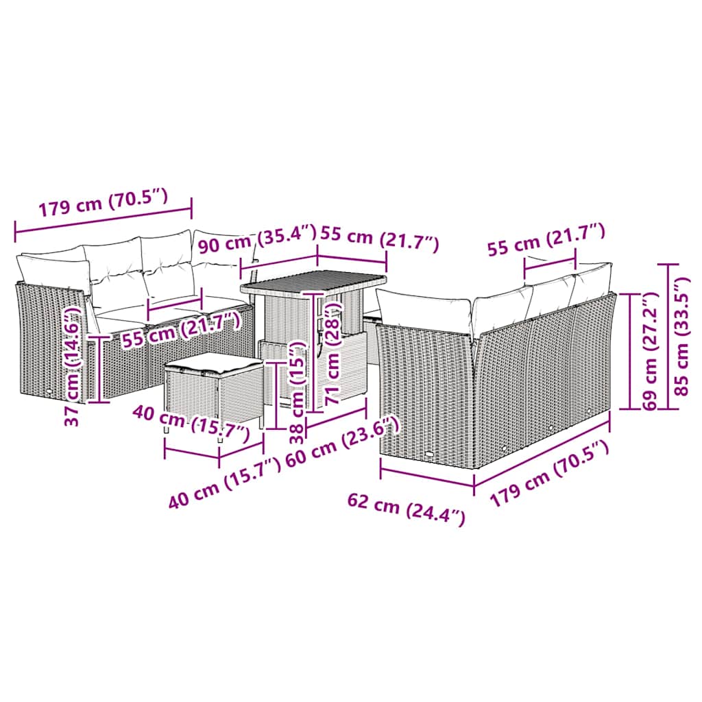 Conjunto de Sofá de Jardim com almofada 9 pcs Bege vime PE