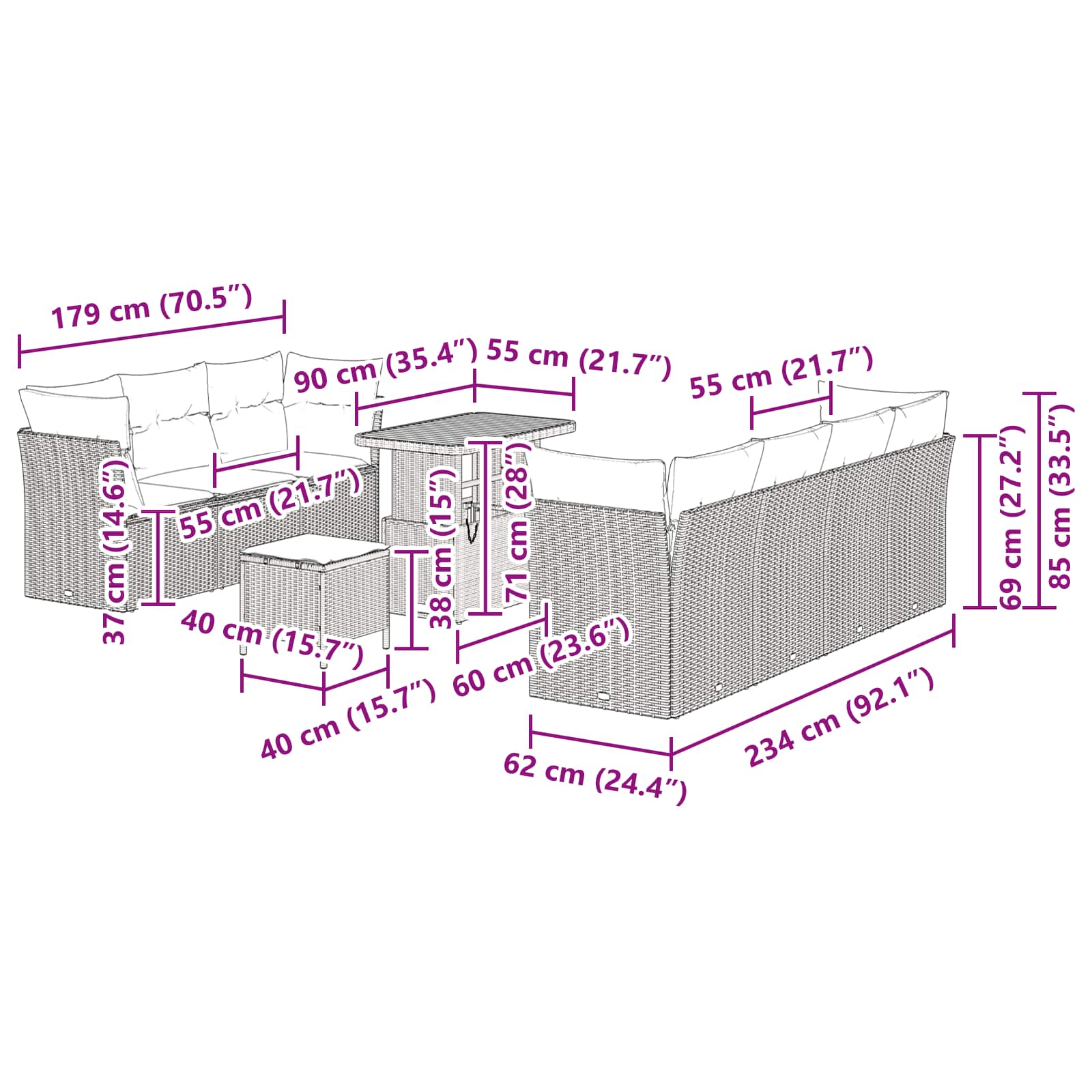 Conjunto de Sofá de Jardim com almofada 10 pcs Preto vime PE