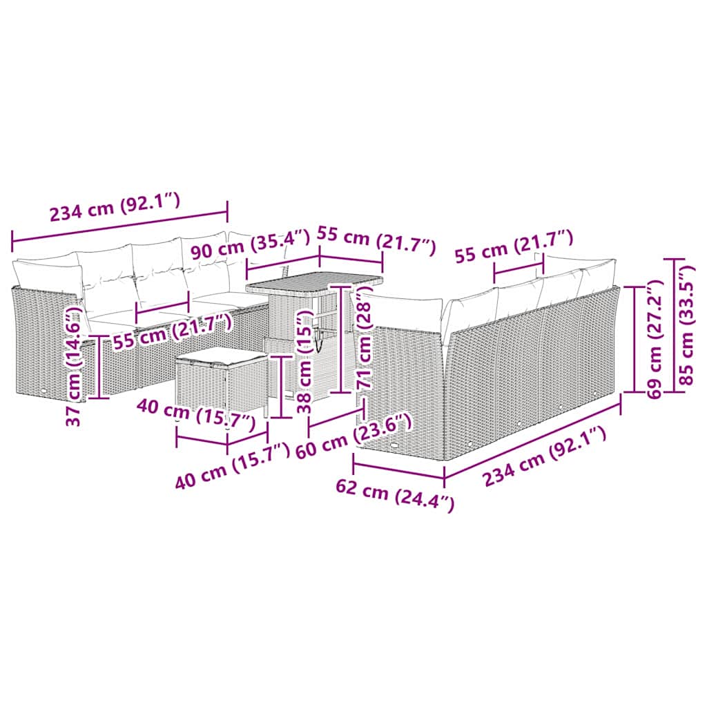 Conjunto de Sofá de Jardim 11 pcs Cinzeto vime PE