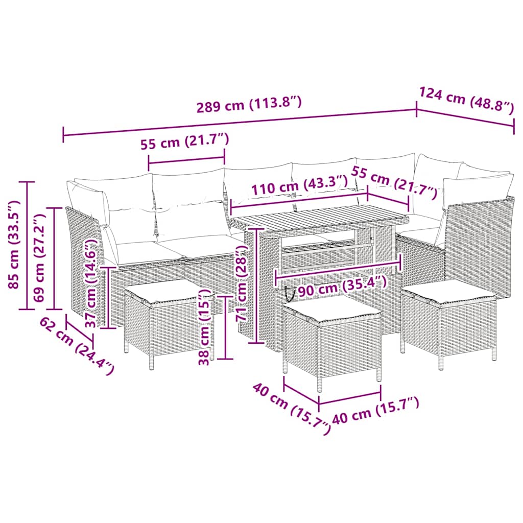 Conjunto de Sofá de Jardim 10 pcs Cinzeto vime PE