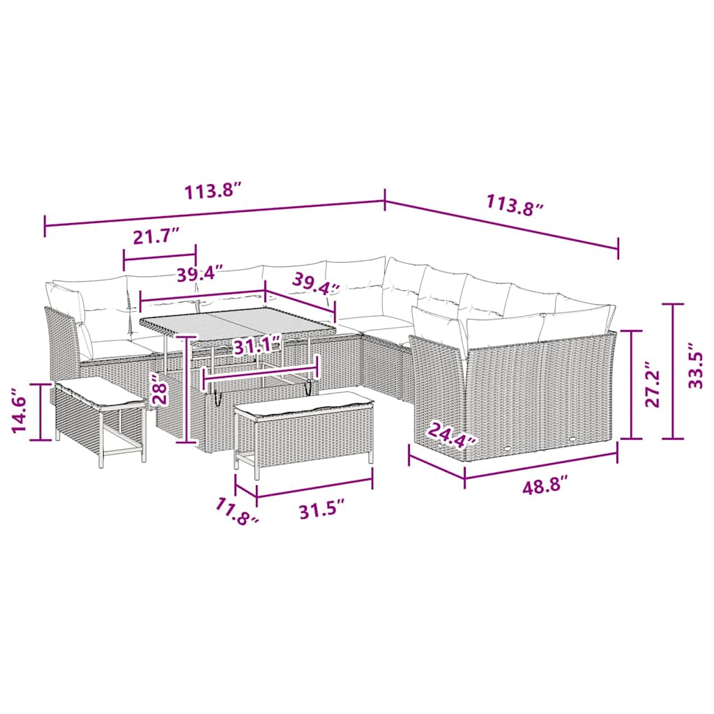 Conjunto de Sofá de Jardim com almofada 13 pcs Preto vime PE