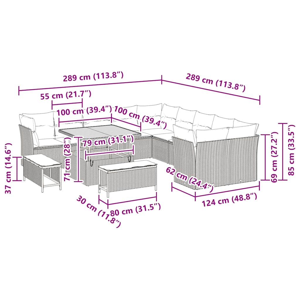 Conjunto de Sofá de Jardim com almofada 13 pcs Bege vime PE