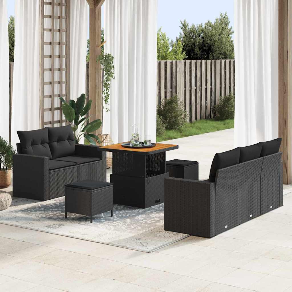 Conjunto de Sofá de Jardim com almofada 8 pcs Preto vime PE