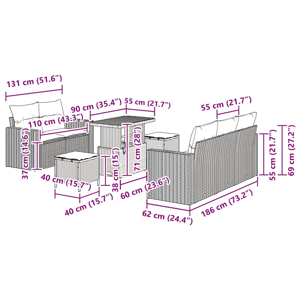 Conjunto de Sofá de Jardim com almofada 8 pcs Preto vime PE