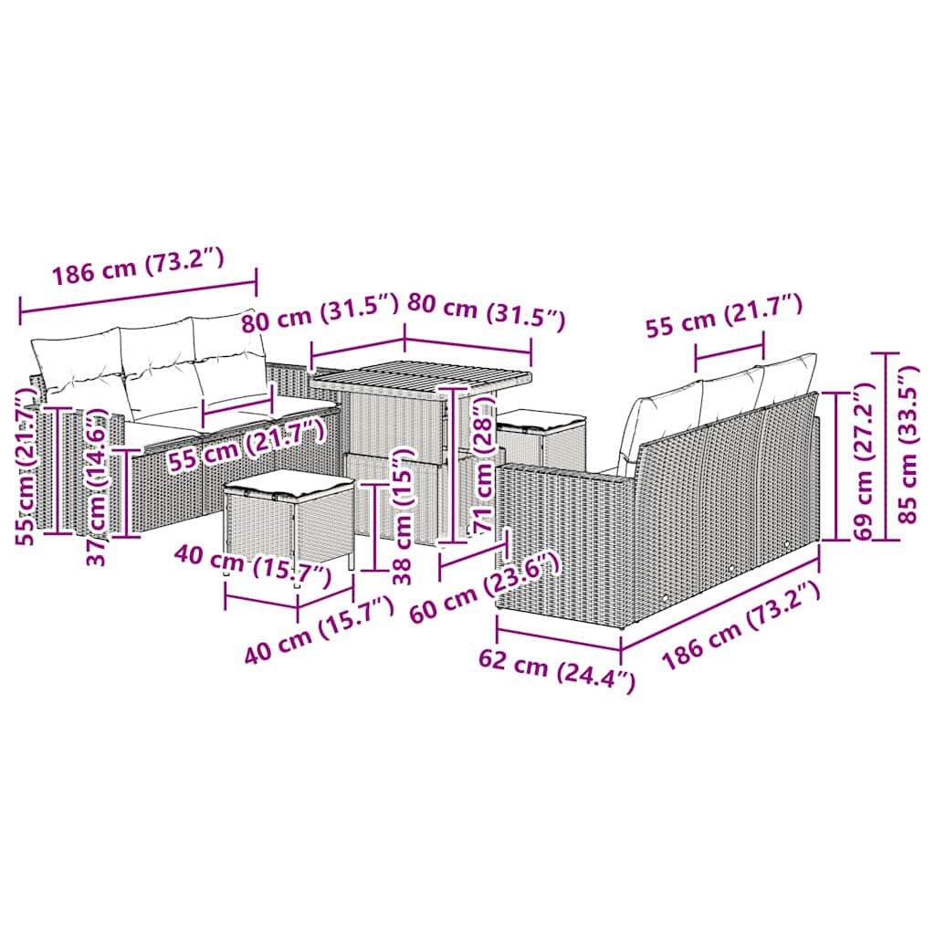 Conjunto de Sofá de Jardim com almofada 9 pcs Bege vime PE