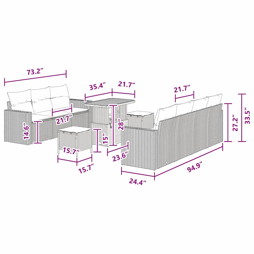 Conjunto de Sofá de Jardim com almofada 10 pcs Preto vime PE