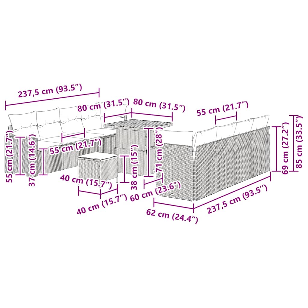Conjunto de Sofá de Jardim 11 pcs Preto vime PE