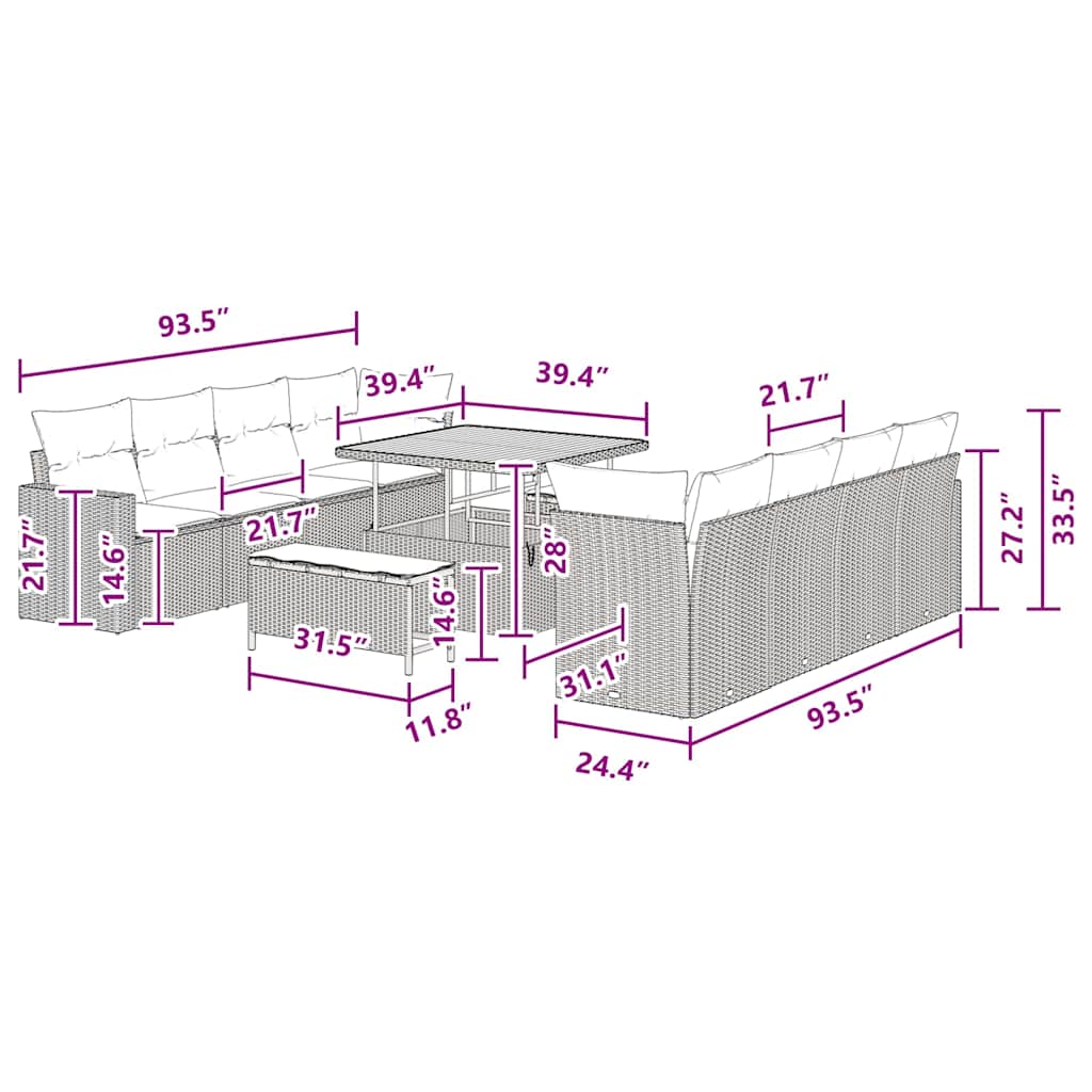 Conjunto de Sofá de Jardim 11 pcs Preto vime PE