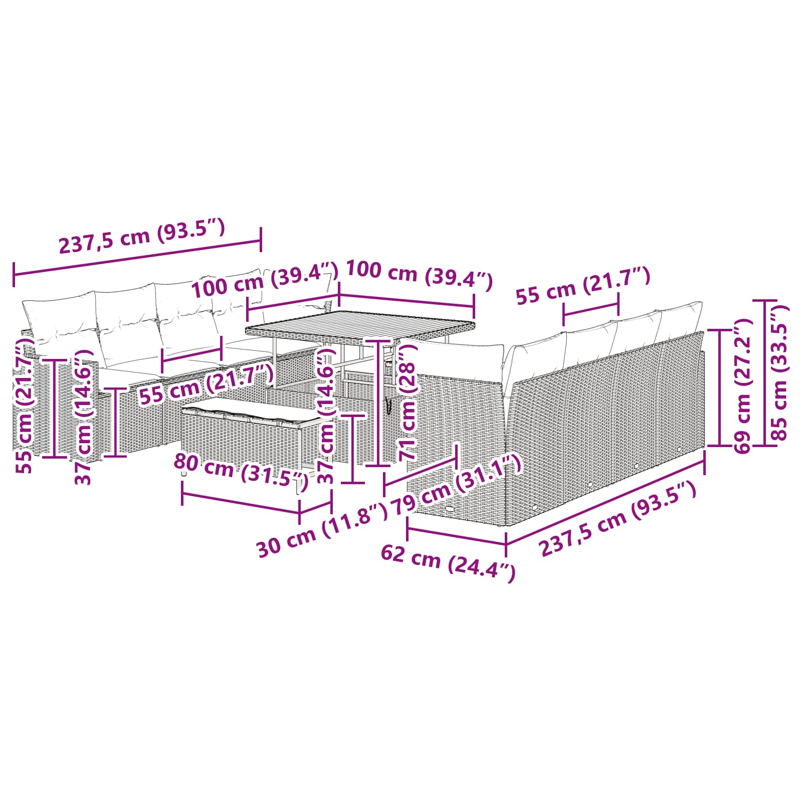 Conjunto de Sofá de Jardim 11 pcs Preto vime PE