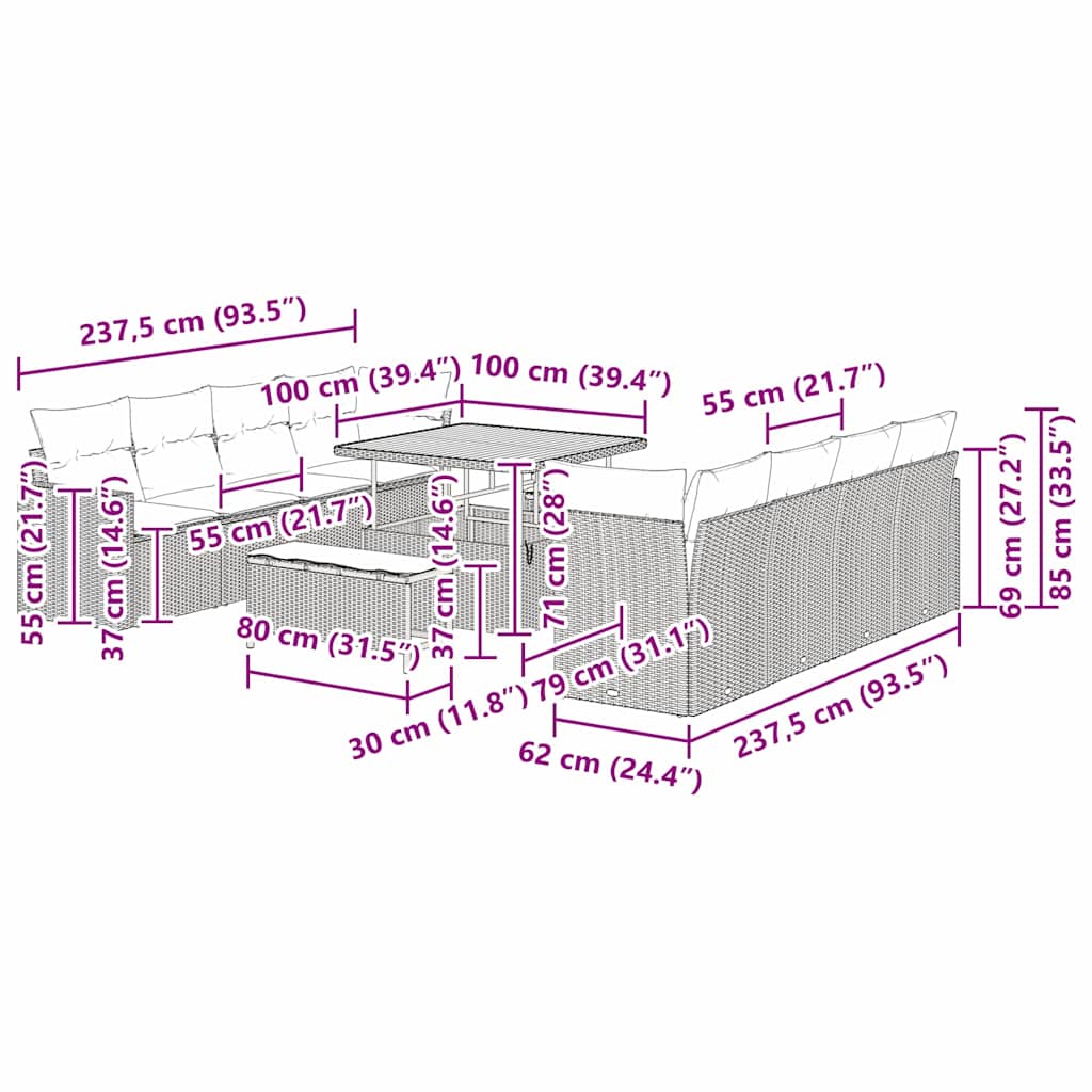 Conjunto de Sofá de Jardim 11 pcs Cinzeto vime PE