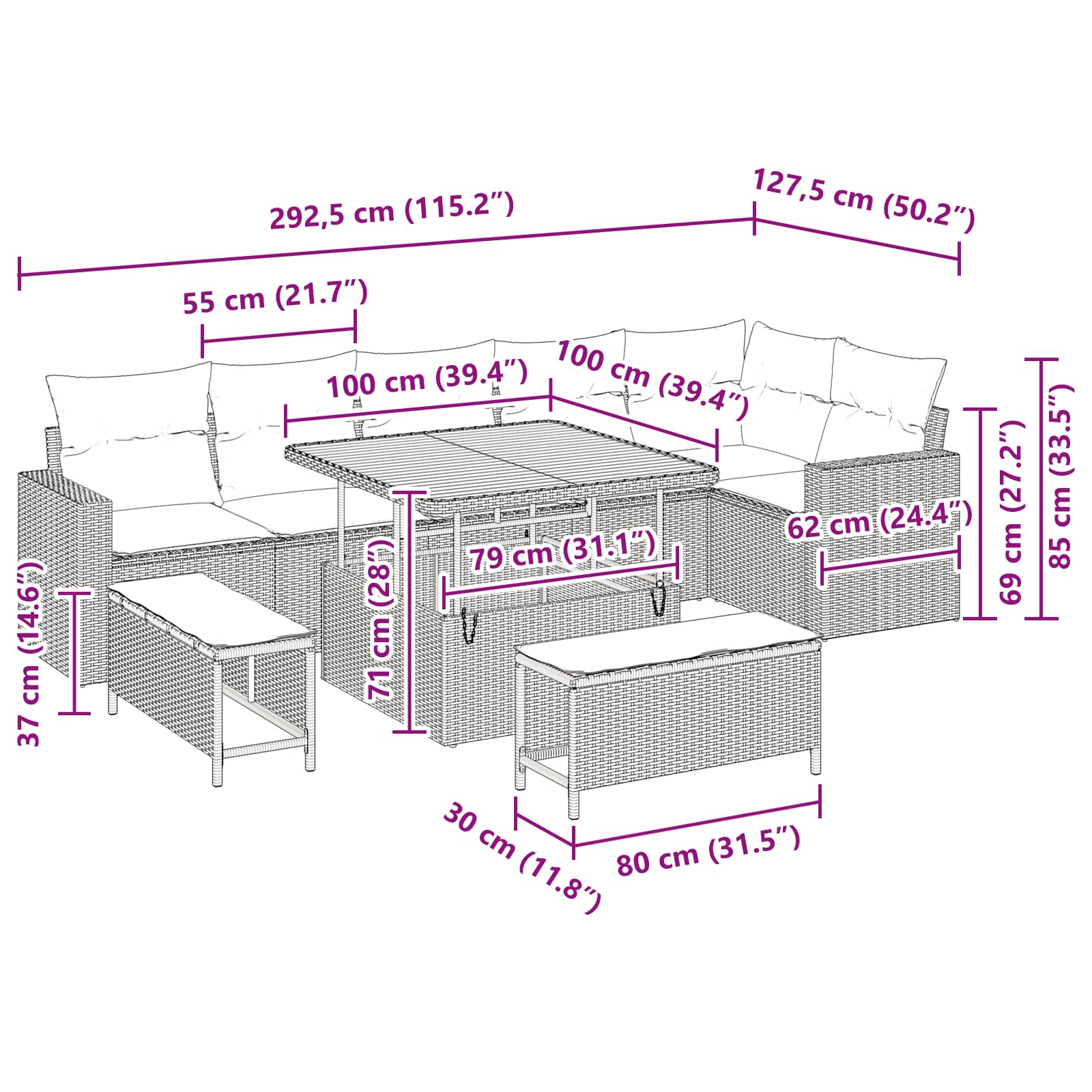 Conjunto de Sofá de Jardim 9 pcs Preto vime PE