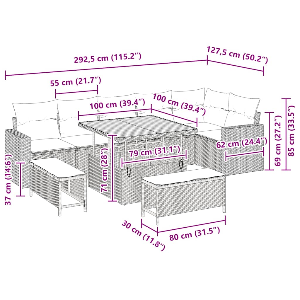 Conjunto de Sofá de Jardim 9 pcs Bege vime PE