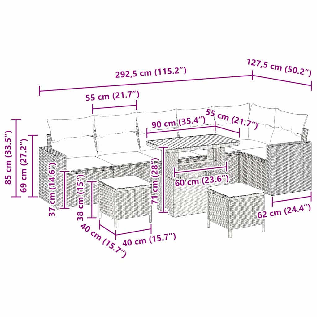 Conjunto de Sofá de Jardim 9 pcs Bege vime PE