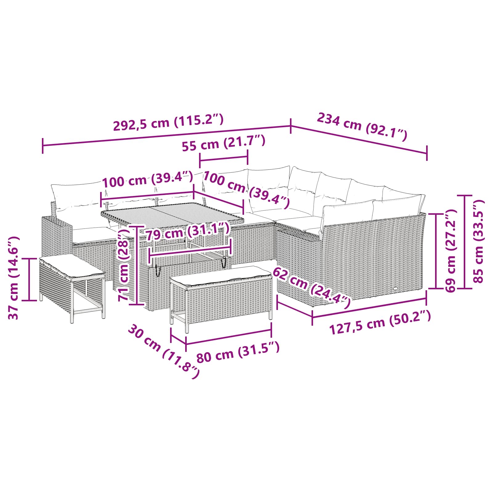 Conjunto de Sofá de Jardim 12 pcs Preto vime PE