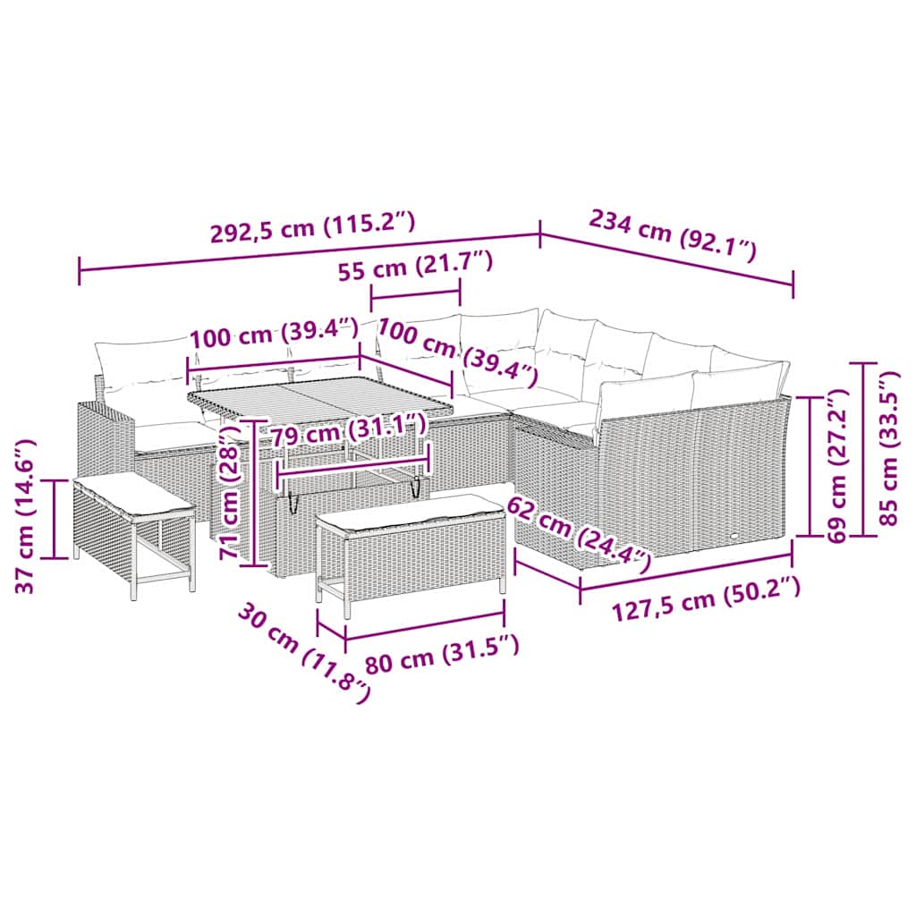 Conjunto de Sofá de Jardim 12 pcs Bege vime PE