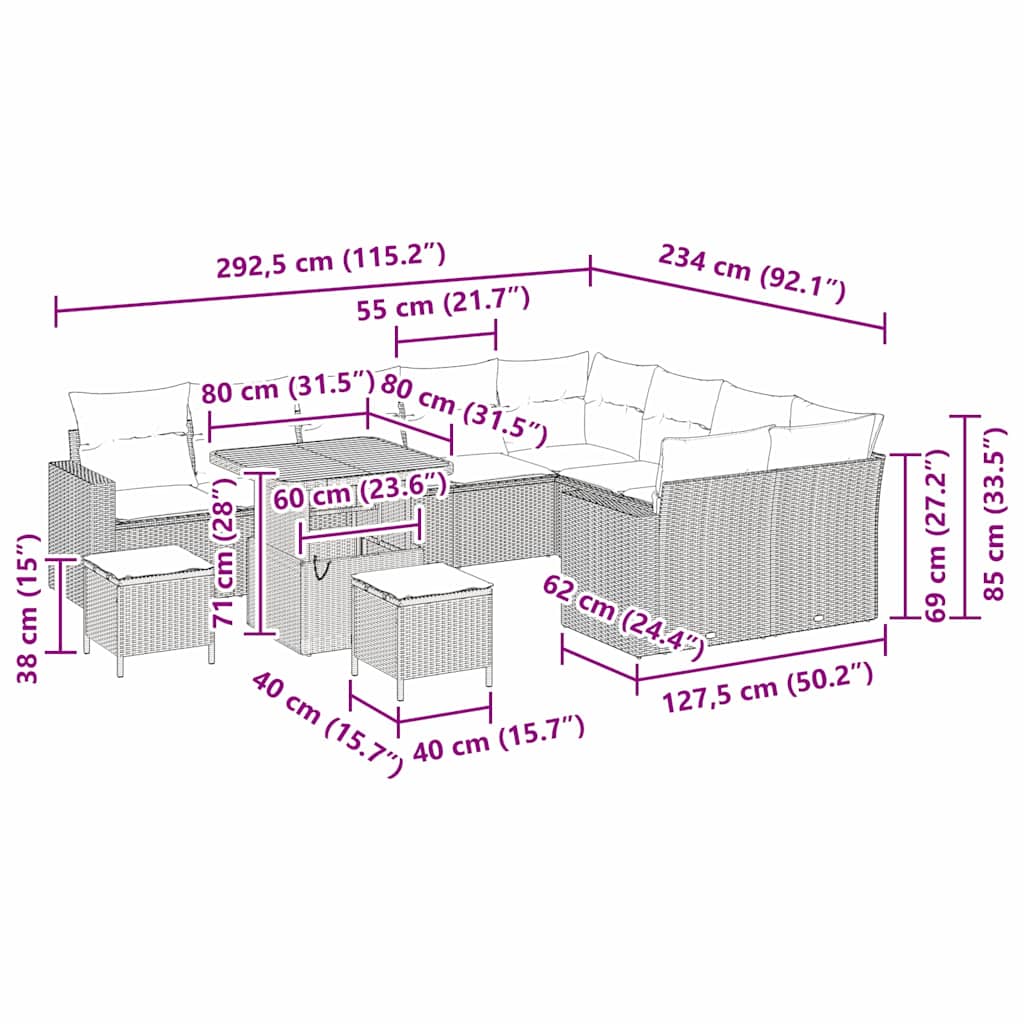 Conjunto de Sofá de Jardim 12 pcs Bege vime PE