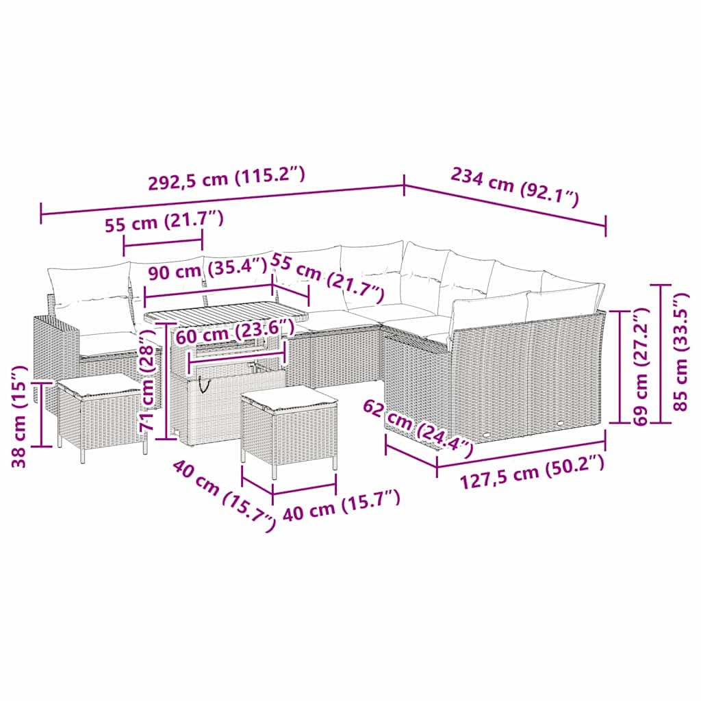 Conjunto de Sofá de Jardim 12 pcs Bege vime PE