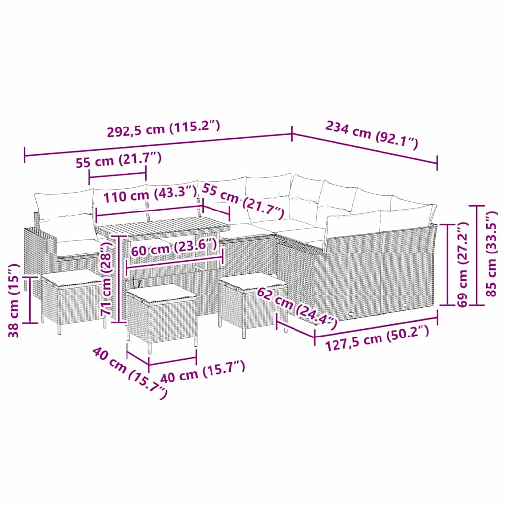 Conjunto de Sofá de Jardim 13 pcs Cinzeto vime PE