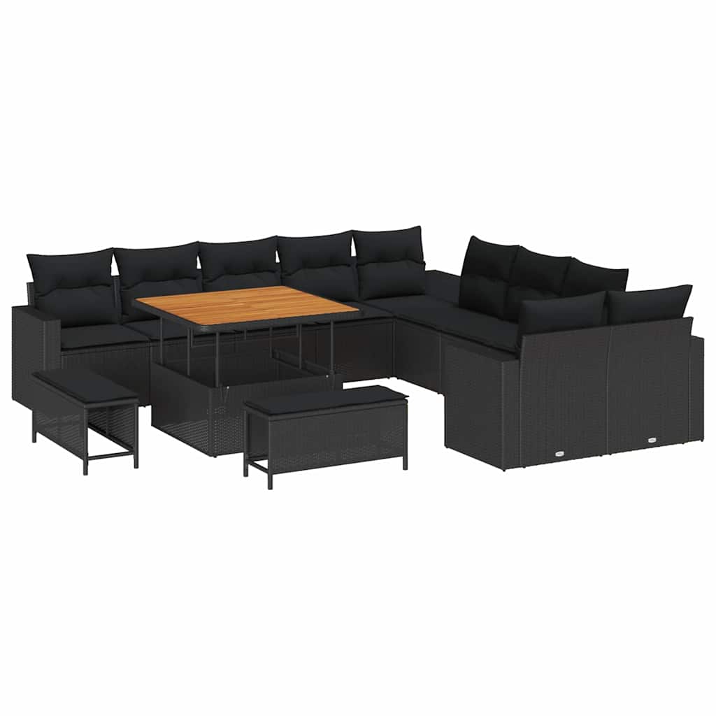 Conjunto de Sofá de Jardim com almofada 13 pcs Preto vime PE