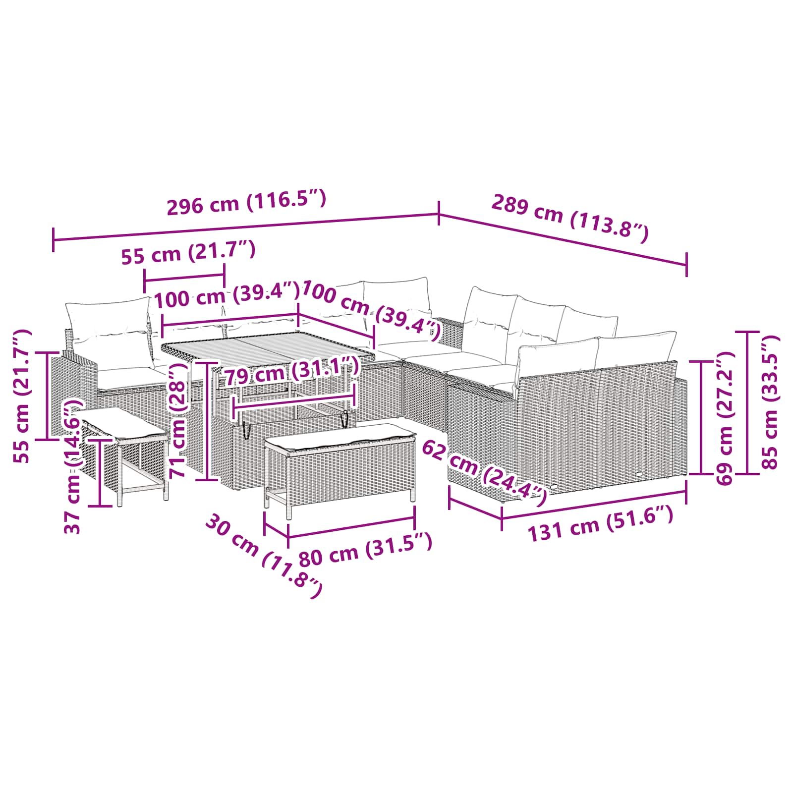 Conjunto de Sofá de Jardim com almofada 13 pcs Preto vime PE
