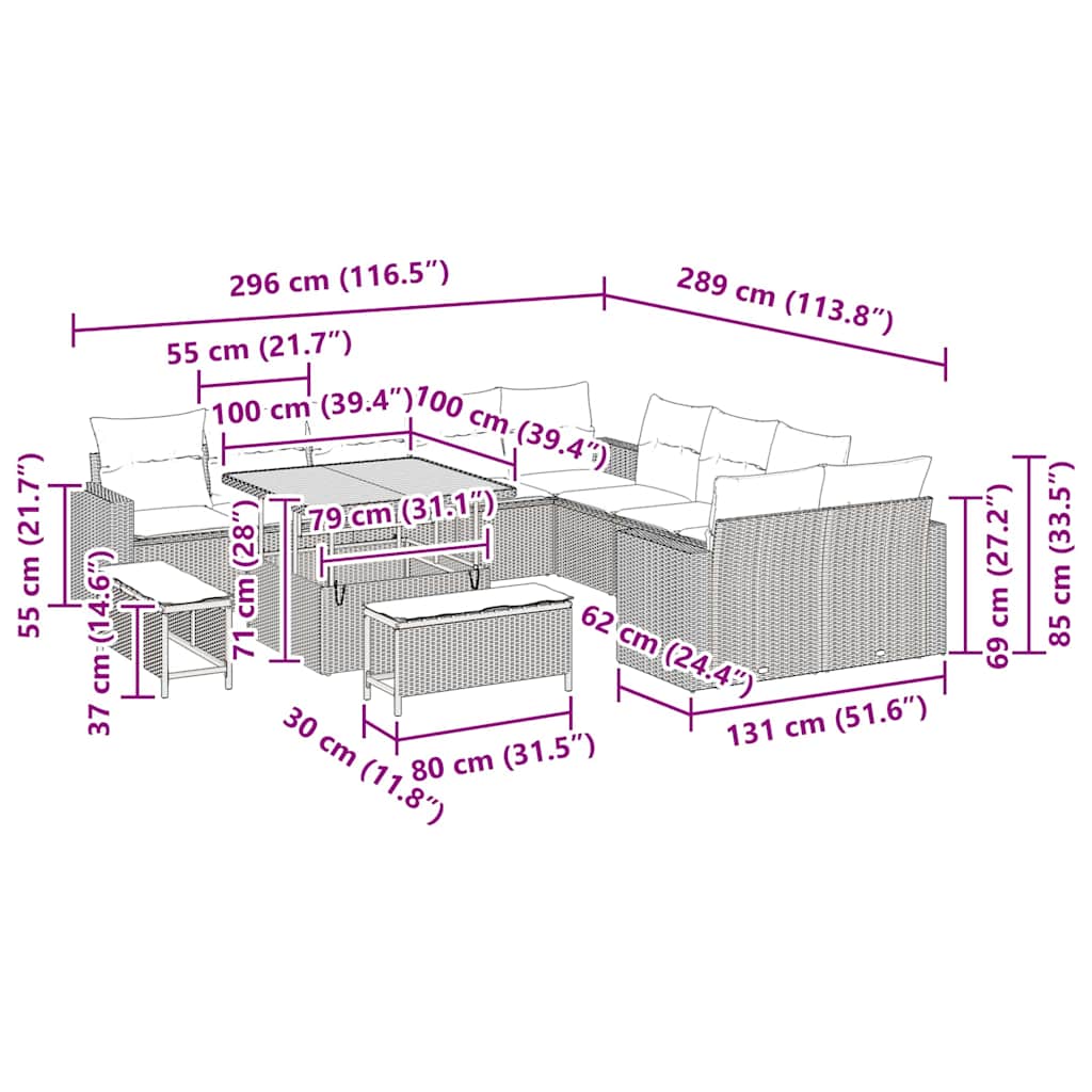 Conjunto de Sofá de Jardim com almofada 13 pcs Bege vime PE