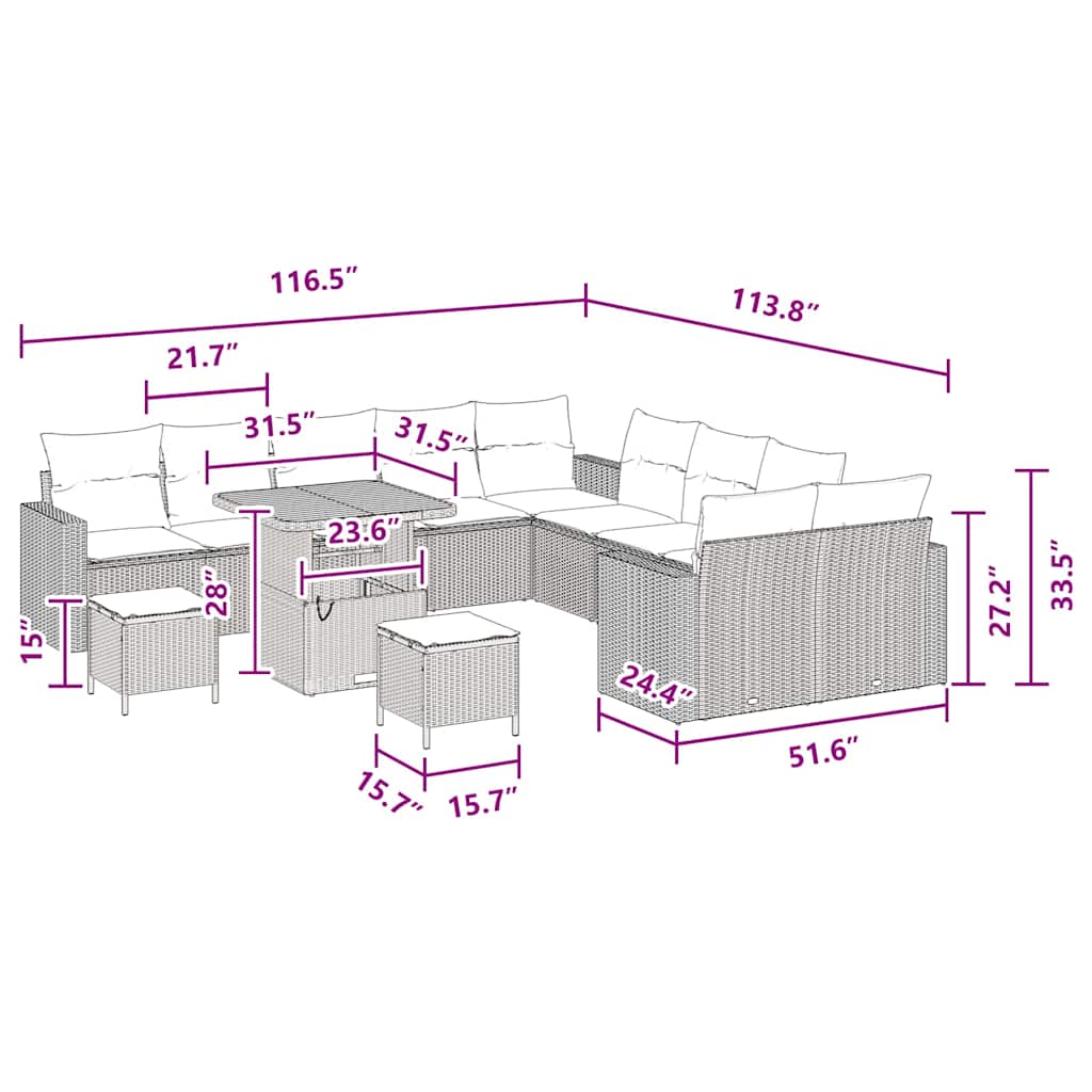 Conjunto de Sofá de Jardim com almofada 13 pcs Preto vime PE