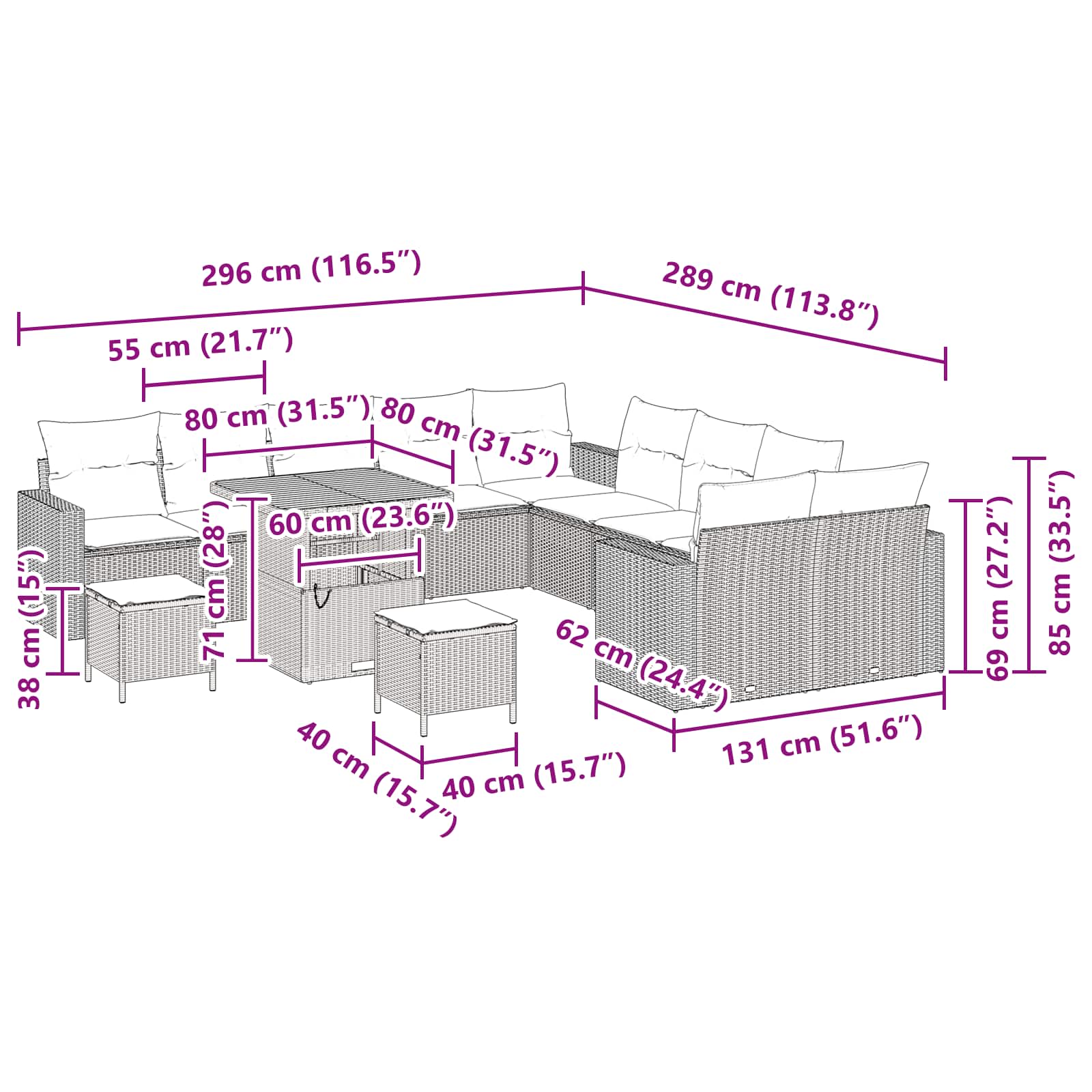 Conjunto de Sofá de Jardim com almofada 13 pcs Preto vime PE