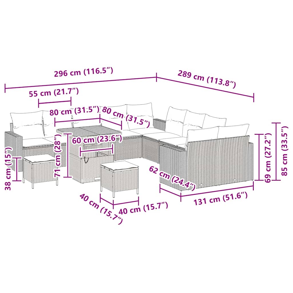 Conjunto de Sofá de Jardim com almofada 13 pcs Bege vime PE