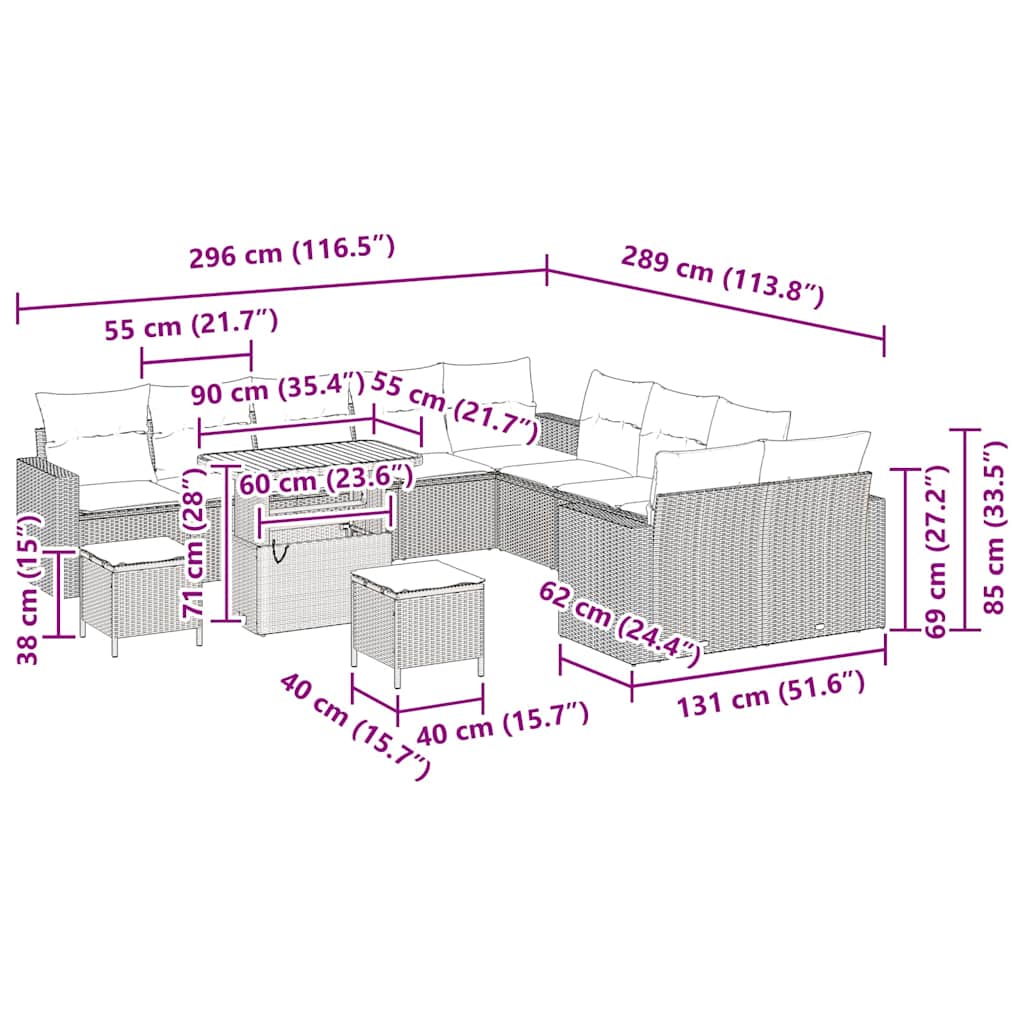 Conjunto de Sofá de Jardim com almofada 13 pcs Cinzeto vime PE
