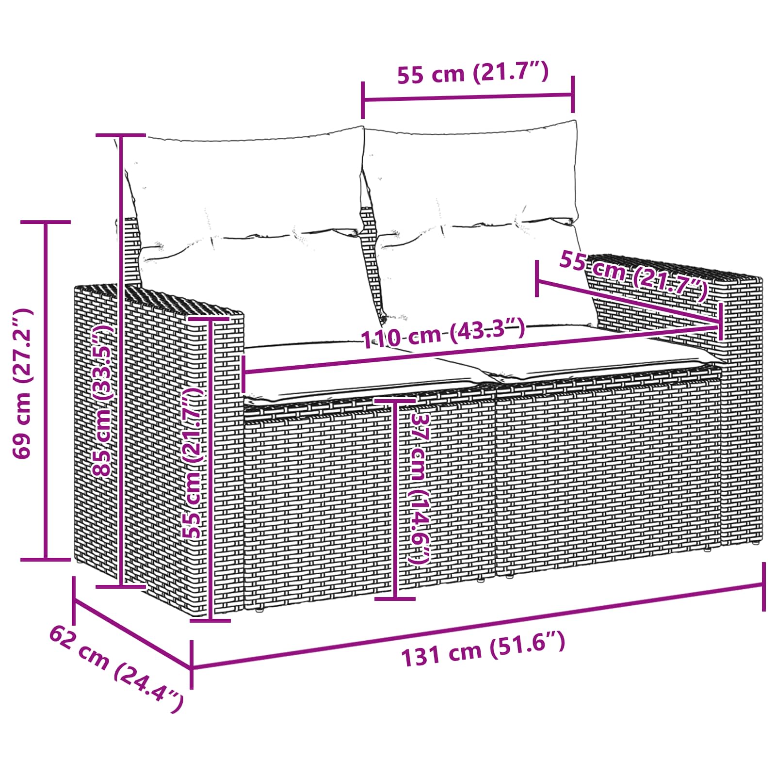 Conjunto de Sofá de Jardim com almofada 14 pcs Preto vime PE