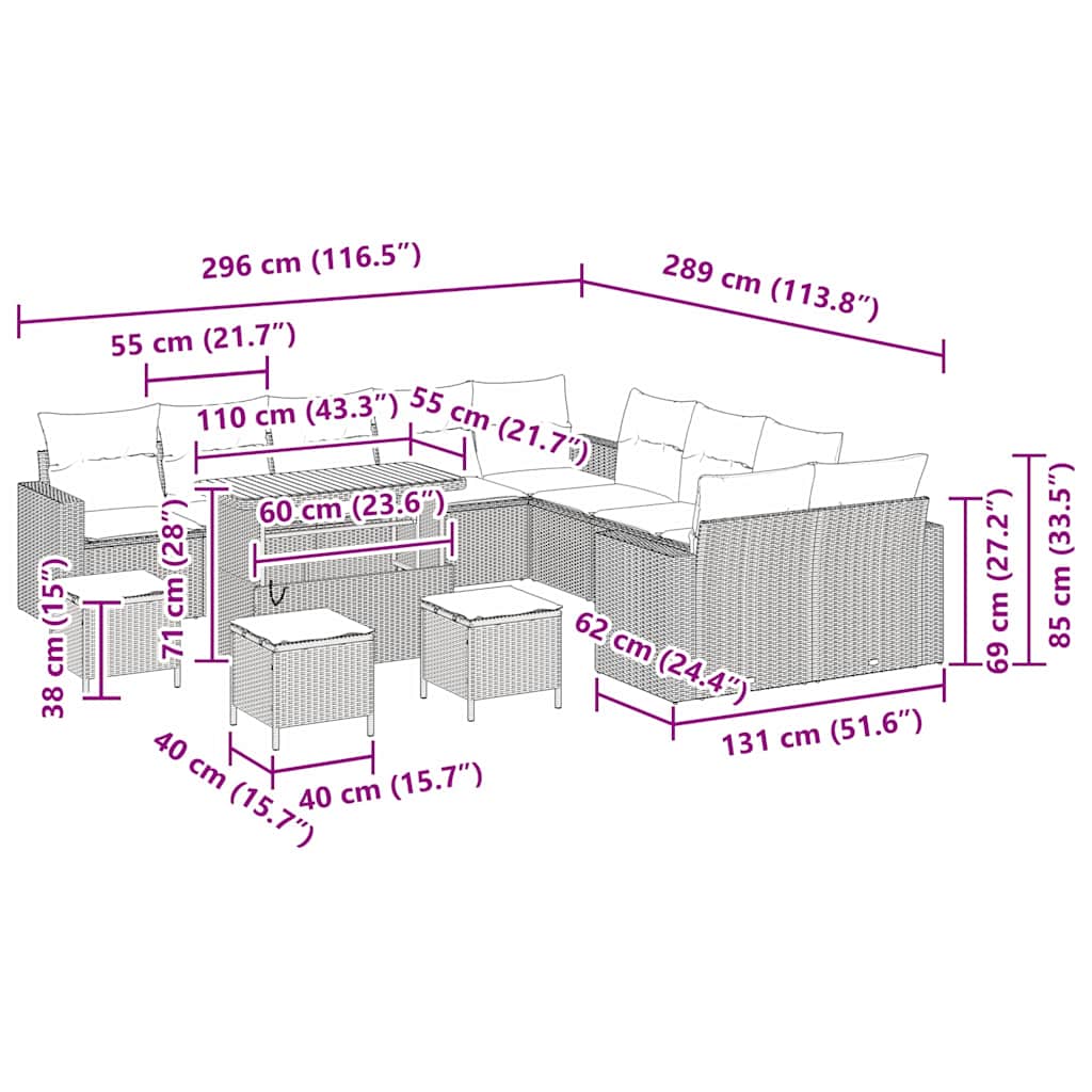 Conjunto de Sofá de Jardim com almofada 14 pcs Preto vime PE