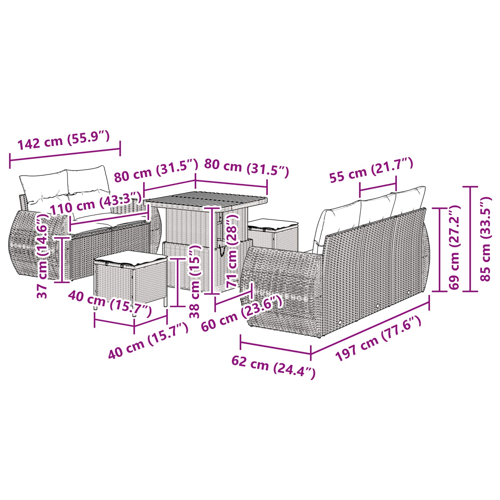Conjunto de Sofá de Jardim 8 pcs Preto vime PE