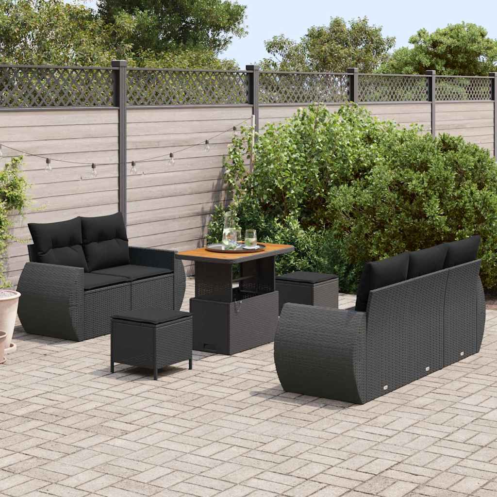 Conjunto de Sofá de Jardim com almofada 8 pcs Preto vime PE